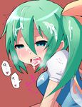  cum cum_on_clothes cum_on_hair daiyousei facial green_eyes green_hair hair_ribbon highres kuromu_(underporno) looking_at_viewer open_mouth ponytail ribbon solo tongue tongue_out touhou 