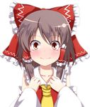  ascot bad_hands blush bow brown_eyes brown_hair closed_mouth detached_sleeves e.o. hair_bow hair_tubes hakurei_reimu highres long_hair long_sleeves looking_at_viewer portrait simple_background smile solo touhou white_background wide_sleeves 