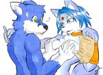  blue_hair blush breast_grab breasts canine contract daigaijin duo female fox green_eyes hair krystal male mammal nik nintendo pen star_fox straight sweat video_games 