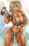  1girl abs alop-net bikini blonde_hair breasts brown_eyes character_request dark_skin hand_on_hip highres hips large_breasts leaning_forward macto micro_bikini muscle open_mouth pigtails short_twintails smile solo source_request swimsuit thighs twintails weight wink 