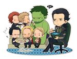  1girl anger_vein avengers black_hair black_widow blonde_hair bruce_banner captain_america casual cereal chibi clint_barton eating facial_hair green_eyes green_skin hawkeye_(marvel) hulk iron_man laphy loki_(marvel) marvel natasha_romanoff red_hair shawarma steve_rogers thor_(marvel) tony_stark 