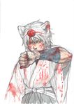 angry animal_ears bad_id bad_pixiv_id blood covering_mouth hakama hands hat highres inubashiri_momiji japanese_clothes kimono kobuushi muscle short_hair solo tokin_hat touhou traditional_media watercolor_(medium) white_background white_hair wide_sleeves wolf_ears yellow_eyes 