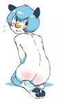  4_toes anthro blue_eyes blush butt flyingrotten hindpaw kneeling looking_back male nintendo nude oshawott pawpads paws plain_background pok&#233;mon pok&#233;morph pok&eacute;mon pok&eacute;morph soles solo video_games white_background 