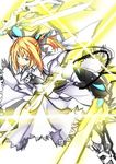  absurdres adapted_costume armor armored_dress artoria_pendragon_(all) blonde_hair chain colorized dress dual_wielding fate/stay_night fate_(series) gauntlets glowing glowing_weapon green_eyes highres holding long_hair mag_(giraffe009) ponytail saber science_fiction shidou_shiki solo sword weapon zipper 