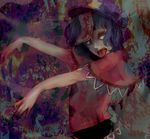  blood blue_hair fangs hat highres meiji_(charisma_serve) miyako_yoshika ofuda open_mouth outstretched_arms short_hair solo tongue tongue_out touhou yellow_eyes zombie_pose 