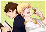  blonde_hair book bracelet brown_eyes brown_hair chess_piece cross fate/zero fate_(series) gilgamesh jewelry kotomine_kirei male_focus multiple_boys necklace reading red_eyes yuuto_(sky_cloister) 