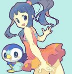  alternate_costume alternate_hairstyle blue_background blue_hair drawr gen_4_pokemon hikari_(pokemon) piplup pokemon pokemon_(creature) pokemon_(game) pokemon_dppt ponytail shouji_ni_nanshi 