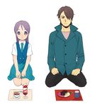  1girl bad_id bad_pixiv_id blush cake cup facial_hair father_and_daughter food higebu inazuma_eleven inazuma_eleven_(series) kudou_fuyuka kudou_michiya long_hair purple_eyes purple_hair short_hair sitting smile tea teacup white_background 