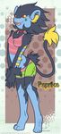  abstract_background anthro blue blue_fur chest_tuft clothing collar ear_piercing female fur looking_at_viewer luxray nintendo open_mouth outcastproductions piercing pok&#233;mon pok&#233;morph pok&eacute;mon pok&eacute;morph red_sclera shirt shorts smile solo tank_top tuft video_games yellow_eyes 