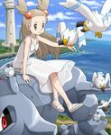  blue_sky bow brown_eyes cloud day dress gen_1_pokemon gen_2_pokemon gen_3_pokemon hair_bobbles hair_ornament landscape light_brown_hair lighthouse long_hair magnemite mikan_(pokemon) ocean pokemoa pokemon pokemon_(creature) pokemon_(game) pokemon_gsc sandals seaside see-through_silhouette sitting sitting_on_person sky sleeveless steelix sundress two_side_up white_dress wingull 