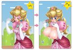  areolae blonde_hair bloocarrot blood blue_eyes blush blush_stickers bow breast_expansion breasts bursting_breasts crown directional_arrow dress elbow_gloves eyes_closed eyeshadow food food_on_face gloves huge_breasts jewelry lips long_hair nipples nosebleed princess_peach puffy_sleeves ring short_shorts shorts star super_mario_bros. surprised watermark 