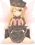  black_dress blonde_hair blue_eyes bow capelet dress dress_lift hat lily_black lily_white long_hair one_eye_closed sakurea sash sitting smile solo spread_legs tongue tongue_out touhou wariza 