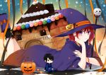  1girl akatsuki_no_yona aki_nattsu black_legwear black_nails boots cape checkered checkered_floor hair_between_eyes hak_(akatsuki_no_yona) happy_halloween hat highres looking_at_viewer lying multicolored multicolored_nails nail_polish neck_ribbon on_stomach orange_nails pumpkin_hat_ornament purple_cape purple_eyes purple_footwear purple_hat red_hair red_ribbon ribbon short_hair solo the_pose witch_hat yona_(akatsuki_no_yona) 