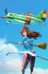  aircraft airplane bird broom broom_riding brown_hair cameo cloud commentary_request day dress flamingo flying goggles goggles_on_head i-16 inui_(jt1116) long_hair multiple_girls pilot sidesaddle sky spanish_civil_war tintin 