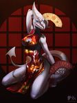  breasts chinese_clothing chinese_dress clothed clothing dragon fan female horn looking_at_viewer scalie solo whitemantis 