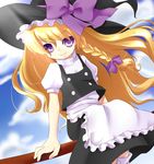  alternate_eye_color apron bad_id bad_pixiv_id blonde_hair boots bow braid broom buttons cloud day hair_bow hat hat_ribbon high_collar highres hikataso kirisame_marisa long_hair purple_eyes ribbon short_sleeves single_braid sitting skirt sky smile solo touhou vest wind witch_hat 