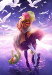  1girl aquarion_(series) aquarion_evol bird blonde_hair boots coat doll dove dress feathers flower gradient_hair green_eyes highres hug jin_musou lira_mist multicolored_hair orange_hair pink_hair sky standing standing_on_liquid sunrise tears water yunoha_thrul 