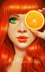  bangs blunt_bangs covering_eyes daniela_uhlig food freckles fruit green_eyes lips lipstick long_hair looking_at_viewer makeup orange orange_(color) orange_hair portrait watermark 