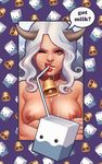 bell bell_collar breasts collar cow_girl crossed_arms daniela_uhlig english horns large_breasts lipstick long_hair looking_at_viewer makeup milk nipple_piercing one_eye_closed original piercing sexually_suggestive solo speech_bubble topless white_hair yellow_eyes 