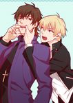  blonde_hair brown_eyes brown_hair cassock casual cross fate/stay_night fate_(series) gilgamesh jewelry kotomine_kirei male_focus mouth_pull multiple_boys necklace red_eyes yuuto_(sky_cloister) 