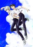  arm_grab belt black_hair blue_sky brown_hair cloud day falling full_body grey_hair ikari_shinji male_focus multiple_boys nagisa_kaworu neon_genesis_evangelion open_mouth red_eyes satori_(mari) shoes silver_hair sky smile sneakers 