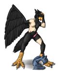  avian beak bird black black_fur cloaca clothing crow feathers foulfrost fur male pants penis solo talons transformation wings 