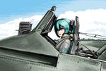  aircraft airplane cloud cockpit day hair_over_one_eye hatsune_miku hs_129 long_hair military mirror pilot reflector_sight rxjx sky solo upper_body vocaloid 