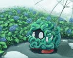  gen_1_pokemon guodon holding hydrangea nature no_humans plant pokemon pokemon_(creature) rain scenery tangela transparent transparent_umbrella umbrella 