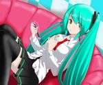  aqua_hair brown_eyes digital_media_player dutch_angle earphones hatsune_miku highres listening_to_music long_hair looking_at_viewer necktie ohjin open_mouth red_neckwear single_earphone_removed sitting skirt solo thighhighs twintails very_long_hair vocaloid zettai_ryouiki 