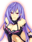  bare_shoulders breast_hold breasts cleavage collarbone dominatrix ears elbow_gloves gloves highres iris_heart kami_jigen_game_neptune_v large_breasts lips long_hair looking_at_viewer naughty_face navel neptune_(series) purple_hair red_eyes smile solo very_long_hair ysnonnon 