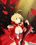  aestus_estus ahoge blonde_hair breasts byakuya_kaien cleavage dress epaulettes fate/extra fate_(series) green_eyes hair_intakes hair_ribbon highres medium_breasts nero_claudius_(fate) nero_claudius_(fate)_(all) petals ribbon see-through solo sword weapon 