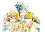  2boys aqua_eyes bad_id bad_pixiv_id black_hair blush brown_hair goggles goggles_on_head hand_on_head karol_capel multiple_boys ponytail raven_(tales) rita_mordio scarf short_hair smile tales_of_(series) tales_of_vesperia traditional_media watercolor_(medium) yamomo_(micyoko) 