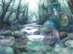  backpack bag blue_eyes blue_hair boots hand_on_headwear hand_up hat kawashiro_nitori meiji_(charisma_serve) river short_hair solo standing touhou tree two_side_up 