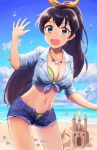  1girl :d beach bikini black_hair blue_eyes blue_shirt blue_shorts blue_sky bow breasts cleavage cloud collarbone contrapposto day dress_shirt fang ganaha_hibiki groin hair_bow happy_birthday high_ponytail highres idolmaster idolmaster_(classic) jewelry kurageso large_breasts long_hair midriff navel necklace ocean open_clothes open_mouth open_shorts orange_bow outdoors sand_castle sand_sculpture shirt short_shorts shorts sky smile solo standing star star_necklace stomach striped striped_bikini swimsuit tied_shirt very_long_hair 