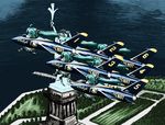  aircraft airplane blue_angels clone f-11_tiger fighter_jet flying hatsune_miku jet landmark military military_vehicle multiple_girls parody rxjx spring_onion statue_of_liberty twintails us_navy vocaloid 