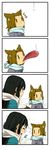  4koma ? akiyama_mio animal_ears black_hair brown_hair comic headband highres k-on! multiple_girls scarf smile suan_ringo tail tainaka_ritsu tongue tongue_out trembling |_| 