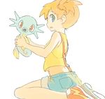  blue_eyes drawr gen_1_pokemon holding holding_pokemon horsea kasumi_(pokemon) orange_hair pokemon pokemon_(anime) pokemon_(classic_anime) pokemon_(creature) ponytail shouji_ni_nanshi side_ponytail sitting 