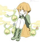  boots brown_hair budew capelet drawr fog gen_4_pokemon green_capelet green_footwear natane_(pokemon) pokemon pokemon_(creature) pokemon_(game) pokemon_dppt shouji_ni_nanshi sitting 