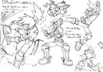  artist_request barrett_(rockman_dash) bicycle can gloves goggles greyscale ground_vehicle highres lineart male_focus monochrome official_art open_mouth ponytail rockman rockman_dash rockman_dash_3 smile translation_request 