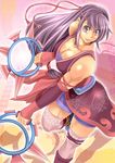  1girl alop-net bare_shoulders breasts chakram chinese_clothes elbow_gloves gloves highres holding long_hair looking_at_viewer macto muscle purple_eyes purple_hair solo thighhighs weapon 