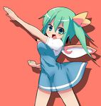  arm_up daiyousei dress green_eyes green_hair hair_ribbon henshin_pose highres kamen_rider kuromu_(underporno) looking_at_viewer open_mouth outstretched_arm parody ponytail pose ribbon solo standing touhou wings 