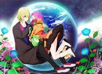  1girl aquarion_(series) aquarion_evol blonde_hair boots cropped_jacket earth flower gloves gradient_hair hair_over_one_eye jin_musou multicolored_hair orange_hair purple_hair saku_(pixiv526117) skirt yunoha_thrul 