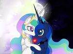  &hearts; &lt;3 absurd_res alsatianvdk blue_eyes blue_hair duo equine female feral friendship_is_magic hair hi_res horn incest kissing lesbian long_hair mammal moon multi-colored_hair my_little_pony princess princess_celestia_(mlp) princess_luna_(mlp) royalty sibling sisters smile winged_unicorn wings 