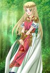  blonde_hair blue_eyes crown earrings hands_together highres jewelry long_hair necklace own_hands_together plant princess_zelda solo tamamon the_legend_of_zelda the_legend_of_zelda:_a_link_to_the_past triforce 