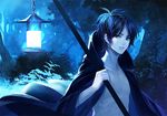  bad_id bad_pixiv_id black_hair cape carrying earrings forest glowing jewelry katekyo_hitman_reborn! lantern leaf male_focus nature night pale_skin rokudou_mukuro shirtless short_hair toichi_(ik07) 