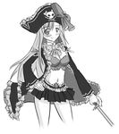  blush bow breasts bustier captain_liliana cleavage drawfag greyscale hat jolly_roger long_hair medium_breasts miniskirt monochrome non-web_source pirate pirate_hat pleated_skirt queen's_blade queen's_blade_rebellion skirt skull_and_crossed_swords solo sword weapon 