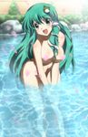  breasts censored convenient_censoring female green_hair highres kochiya_sanae long_hair nude petals steam touhou water yadokari_genpachirou 