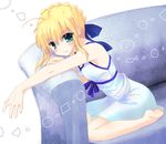  ahoge alternate_costume artoria_pendragon_(all) bare_shoulders barefoot blonde_hair couch dress fate/stay_night fate_(series) green_eyes hair_ribbon ribbon ryu-ka saber solo 