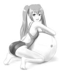  ball competition_swimsuit exercise_ball greyscale long_hair looking_back monochrome one-piece_swimsuit original swimsuit tk4 twintails 