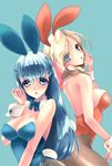  big_breasts blonde_hair blue blue_ears blue_eyes blue_hair bow_tie breasts bunny_girls curious female hair looking_at_viewer no._108 playboy_bunny purple_eyes red 